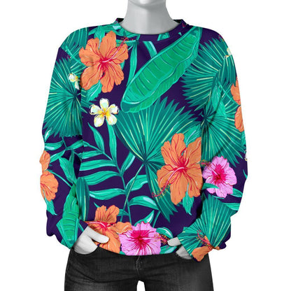 Teal Hawaiian Leaf Flower Pattern Print Women's Crewneck Sweatshirt GearFrost