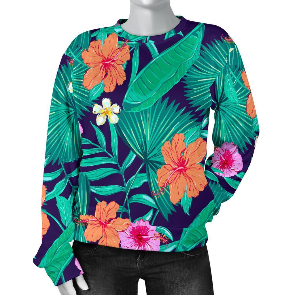 Teal Hawaiian Leaf Flower Pattern Print Women's Crewneck Sweatshirt GearFrost