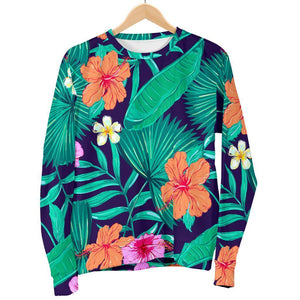 Teal Hawaiian Leaf Flower Pattern Print Women's Crewneck Sweatshirt GearFrost