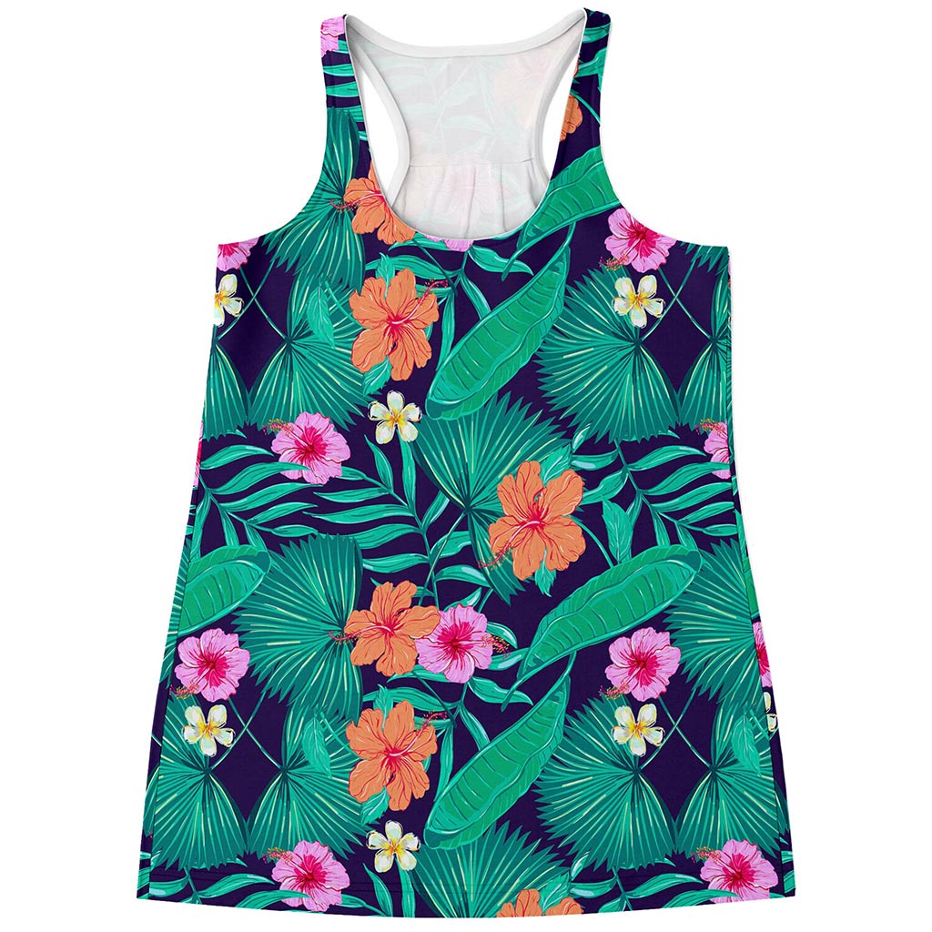 Teal Hawaiian Leaf Flower Pattern Print Women's Racerback Tank Top