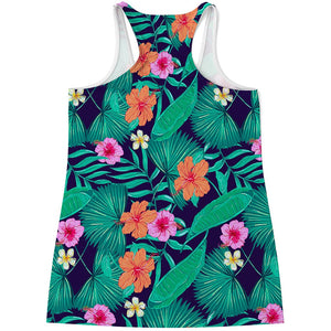 Teal Hawaiian Leaf Flower Pattern Print Women's Racerback Tank Top