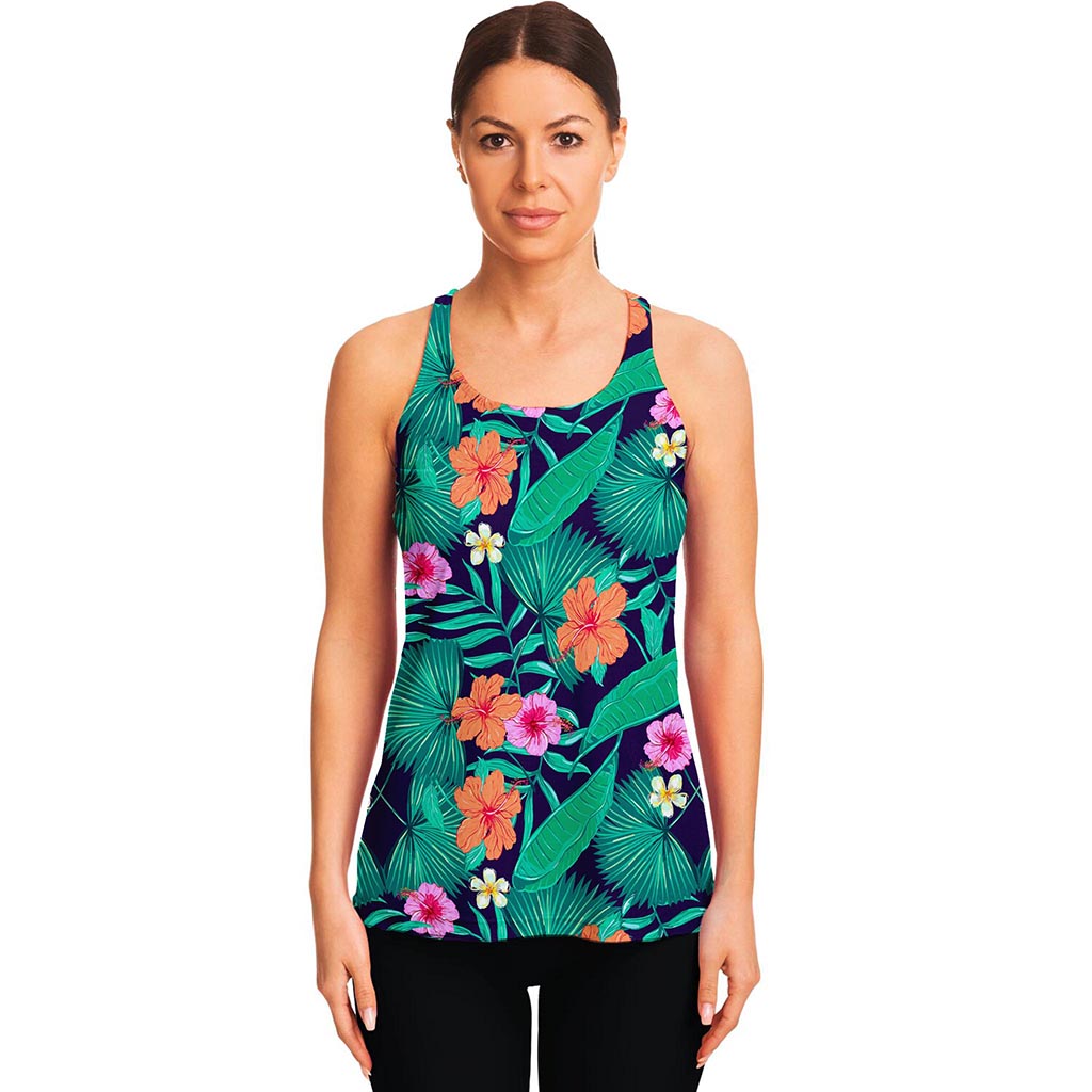 Teal Hawaiian Leaf Flower Pattern Print Women's Racerback Tank Top