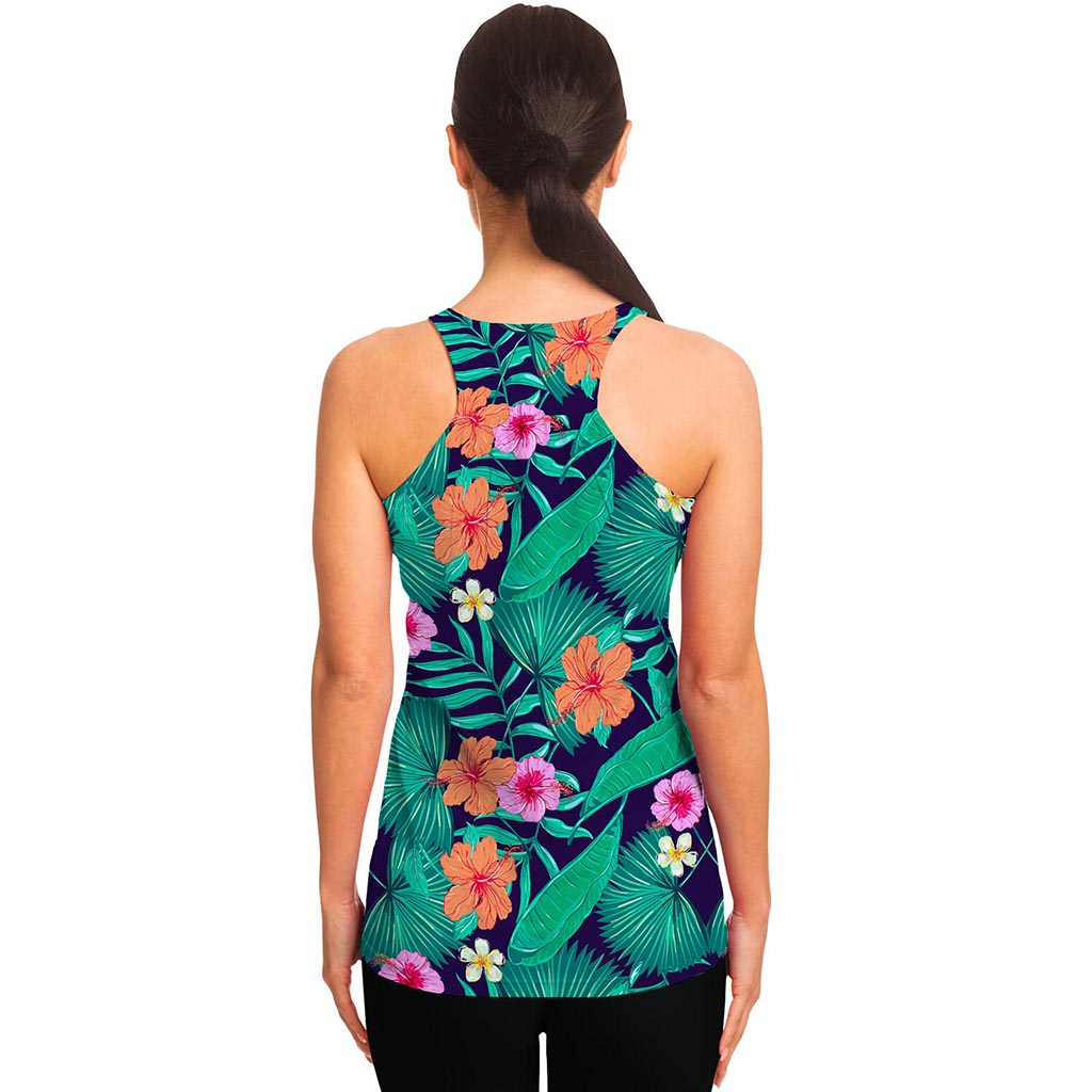 Teal Hawaiian Leaf Flower Pattern Print Women's Racerback Tank Top