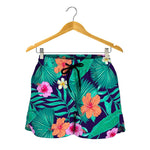 Teal Hawaiian Leaf Flower Pattern Print Women's Shorts