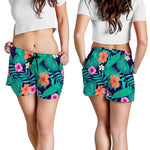 Teal Hawaiian Leaf Flower Pattern Print Women's Shorts