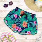 Teal Hawaiian Leaf Flower Pattern Print Women's Shorts