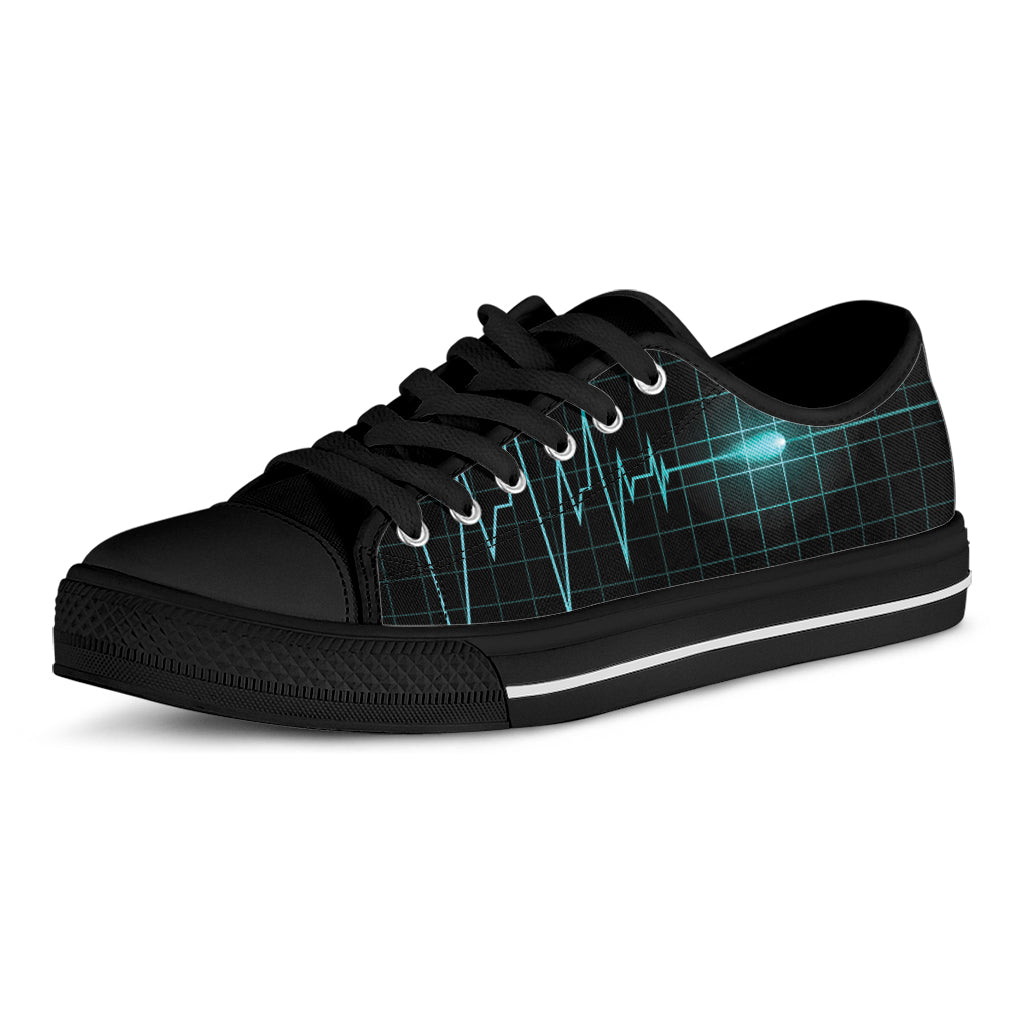 Teal Heartbeat Print Black Low Top Shoes 