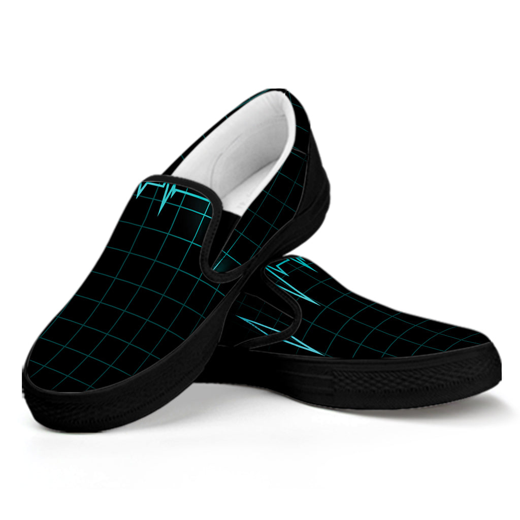 Teal Heartbeat Print Black Slip On Shoes