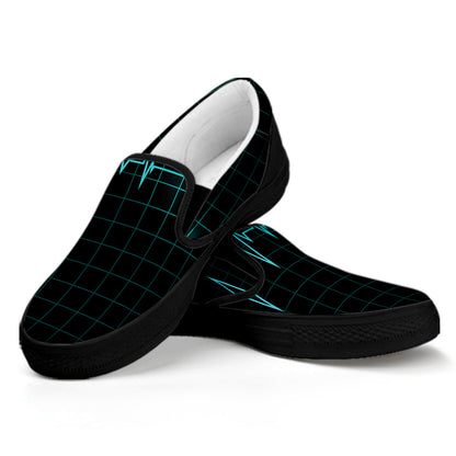 Teal Heartbeat Print Black Slip On Shoes