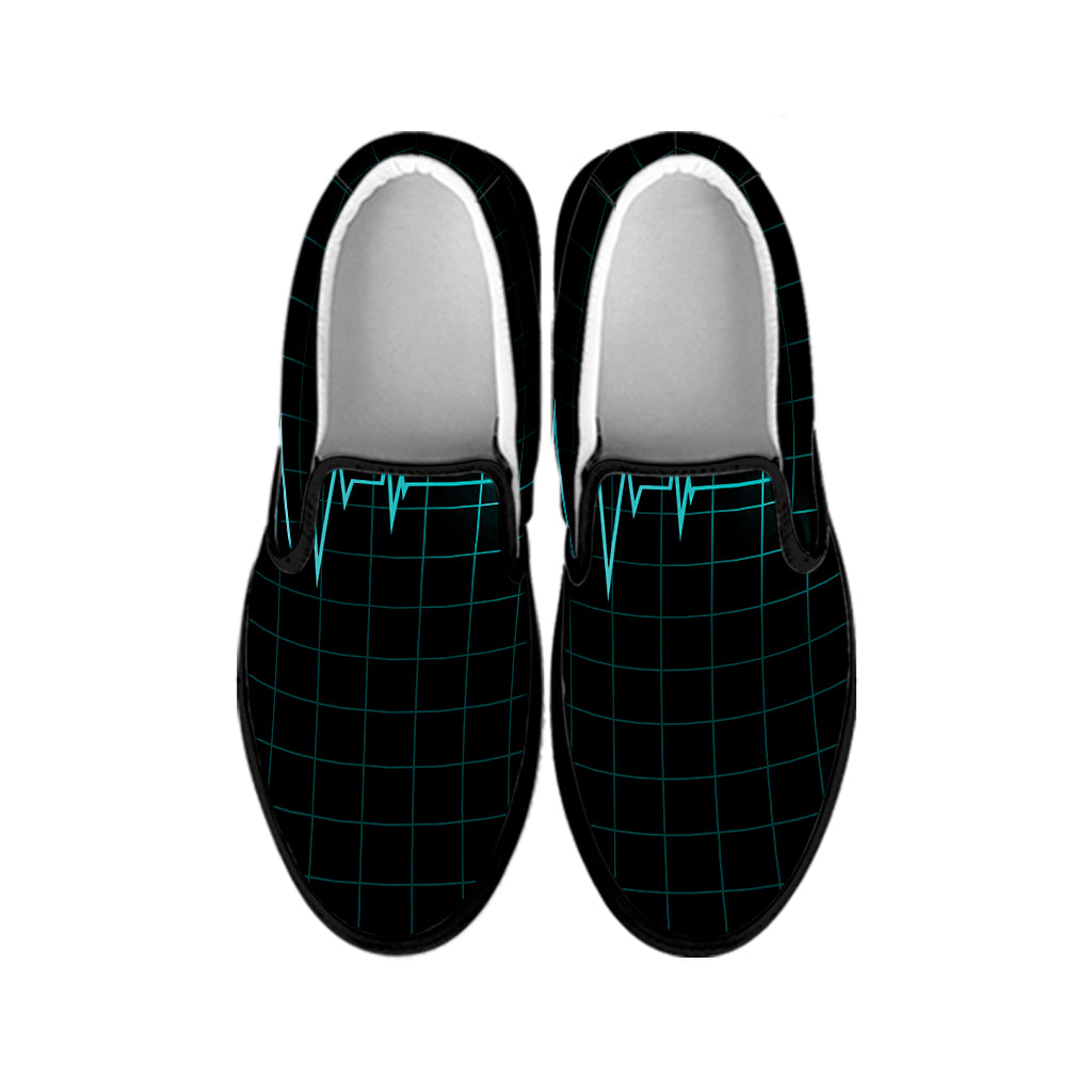 Teal Heartbeat Print Black Slip On Shoes