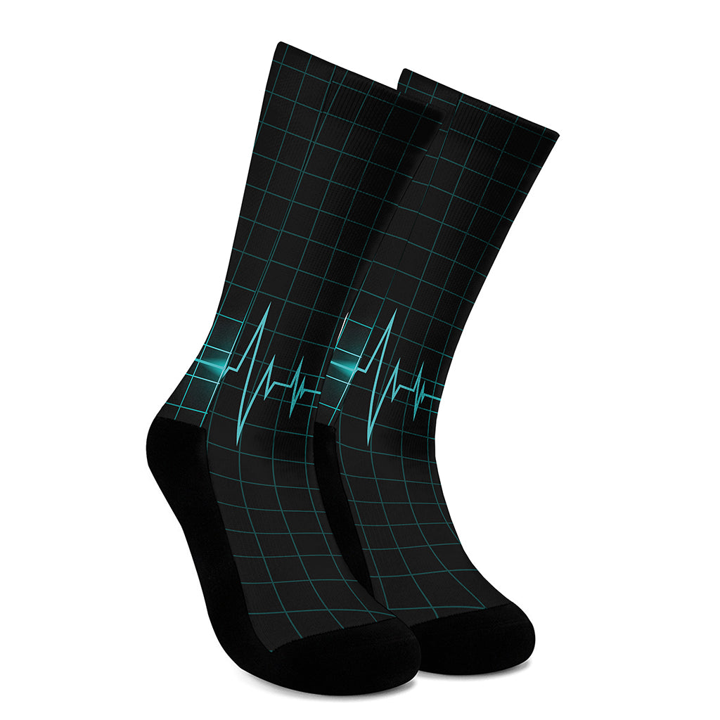 Teal Heartbeat Print Crew Socks