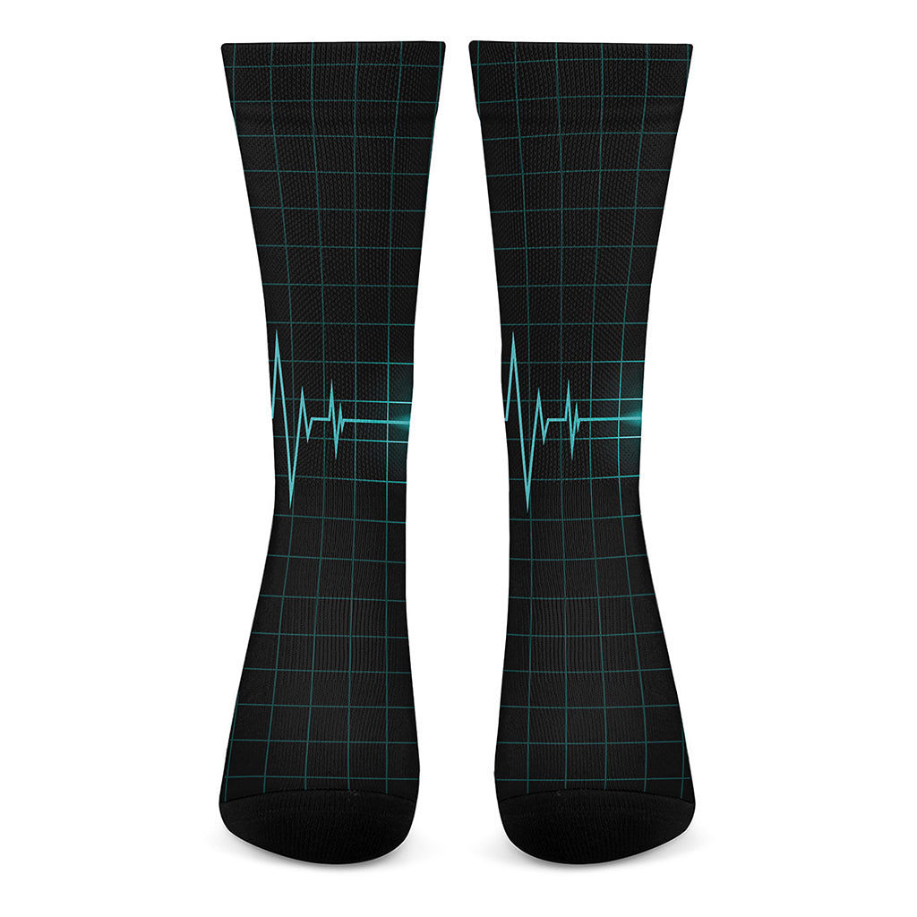 Teal Heartbeat Print Crew Socks