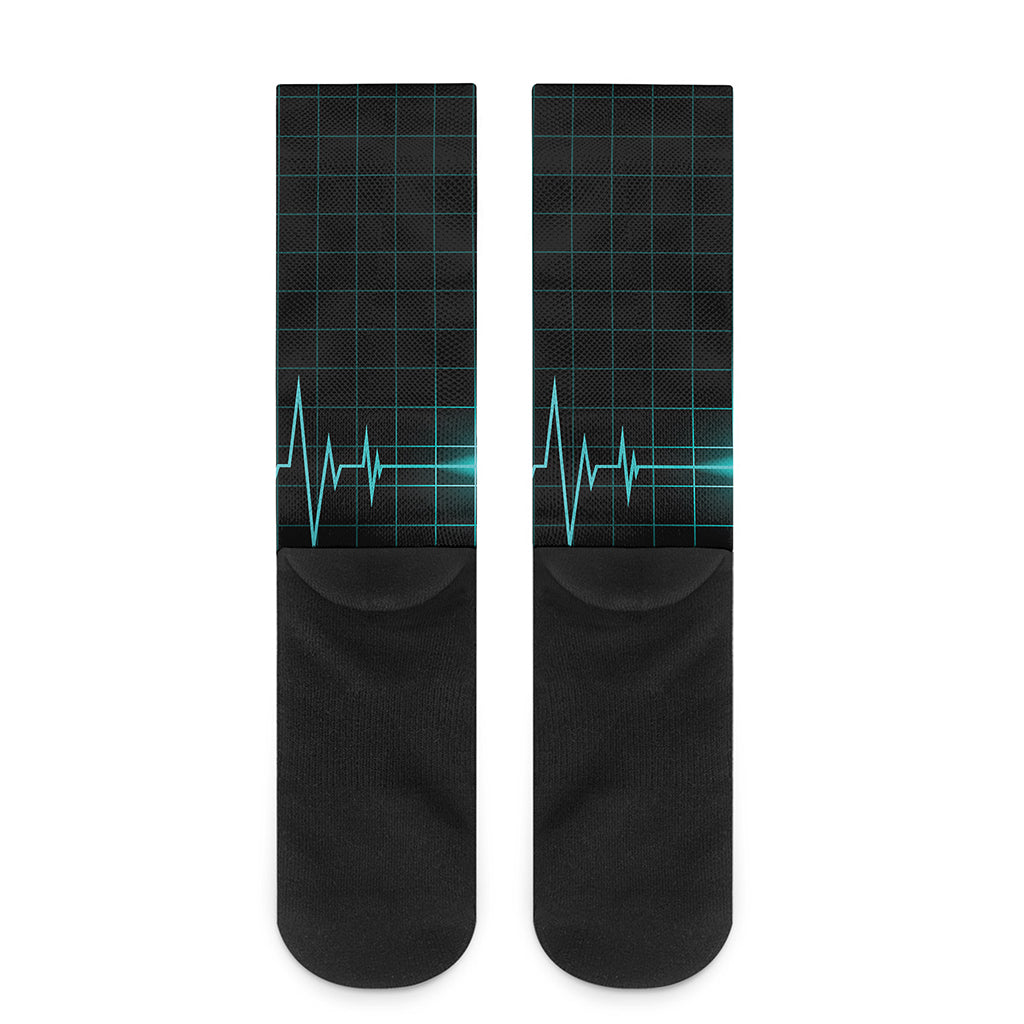 Teal Heartbeat Print Crew Socks