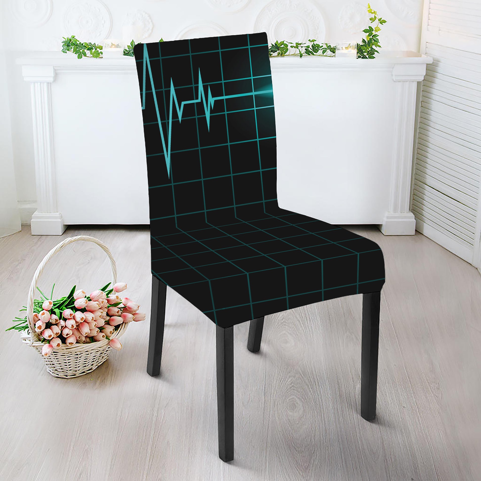 Teal Heartbeat Print Dining Chair Slipcover