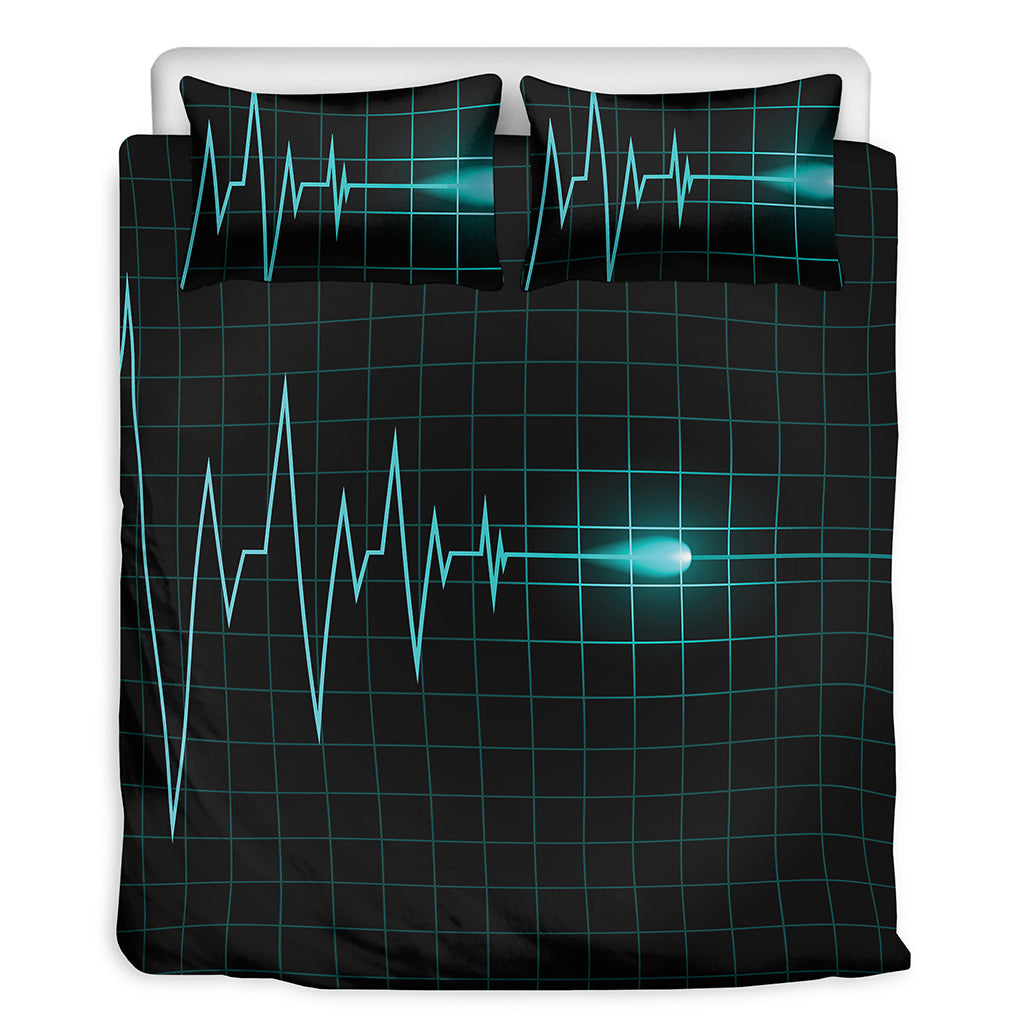 Teal Heartbeat Print Duvet Cover Bedding Set