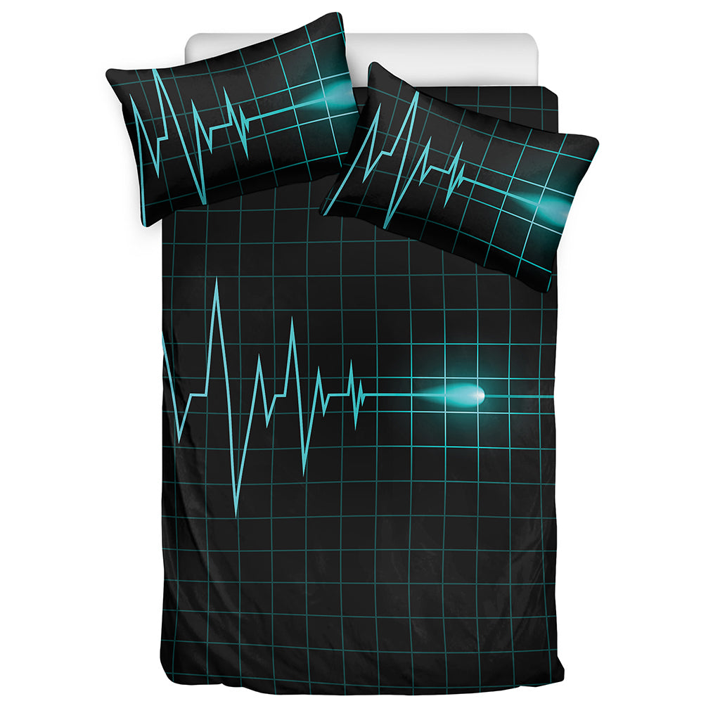 Teal Heartbeat Print Duvet Cover Bedding Set