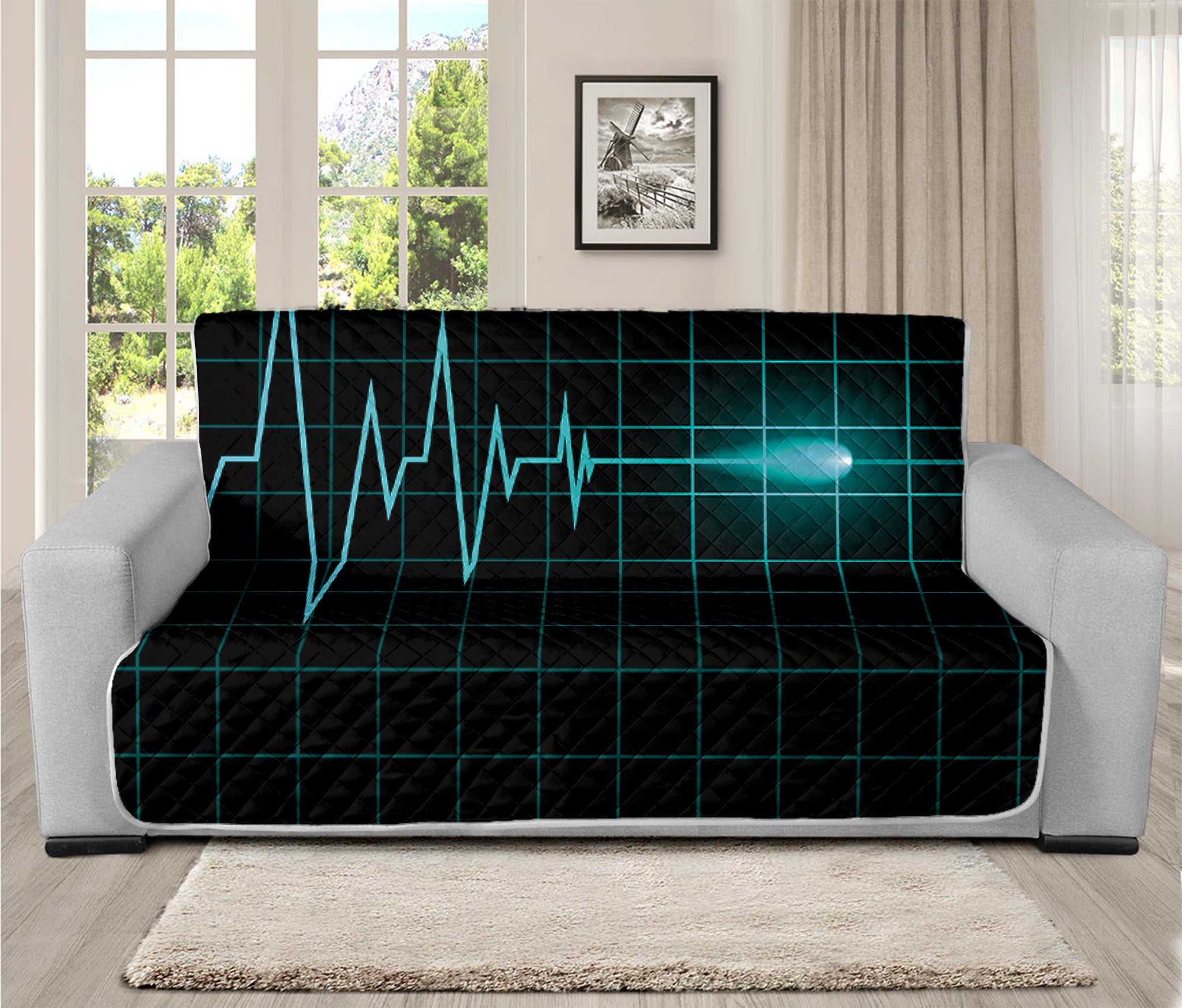 Teal Heartbeat Print Futon Protector