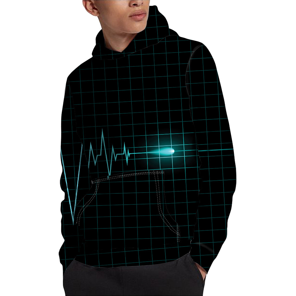 Teal Heartbeat Print Pullover Hoodie