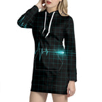 Teal Heartbeat Print Pullover Hoodie Dress