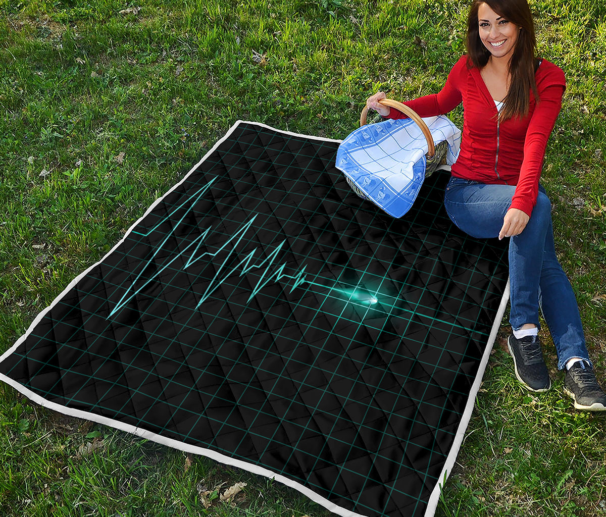 Teal Heartbeat Print Quilt