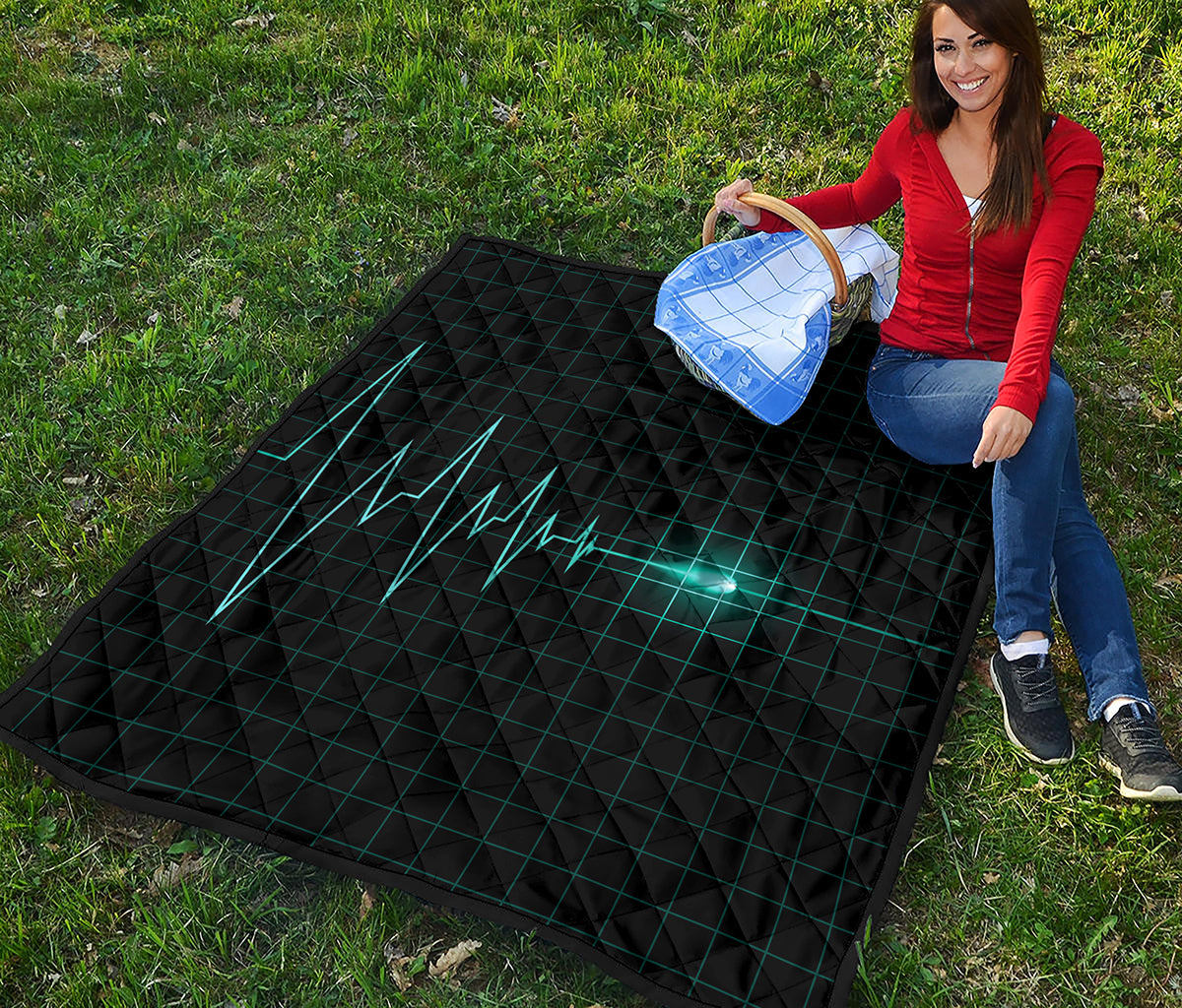 Teal Heartbeat Print Quilt