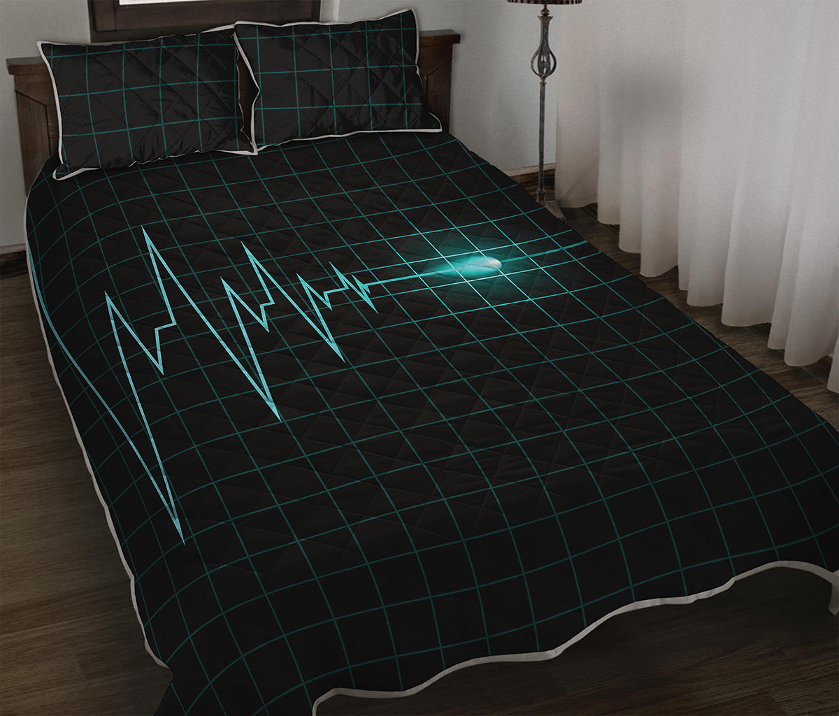 Teal Heartbeat Print Quilt Bed Set