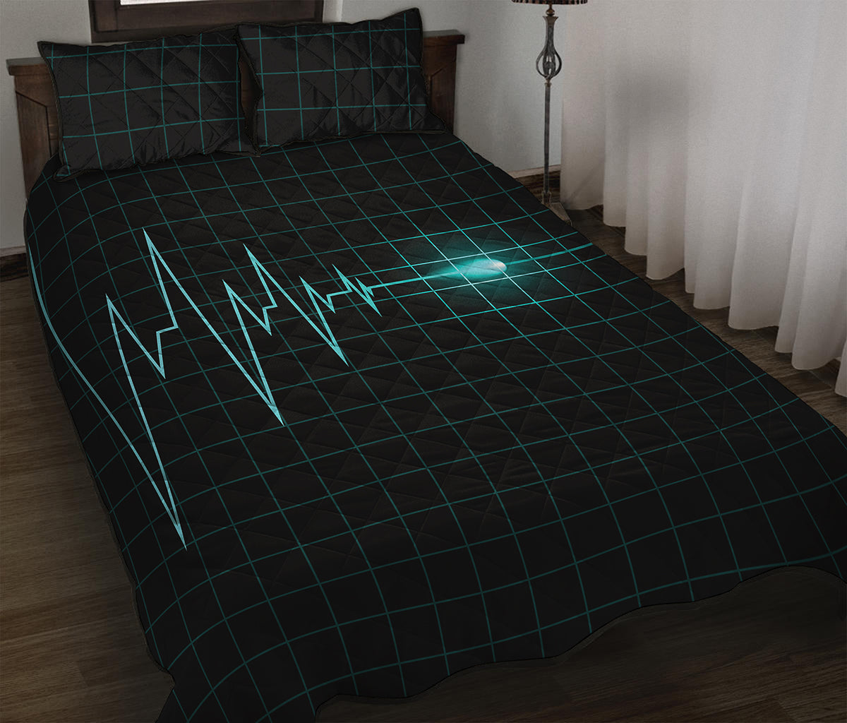 Teal Heartbeat Print Quilt Bed Set
