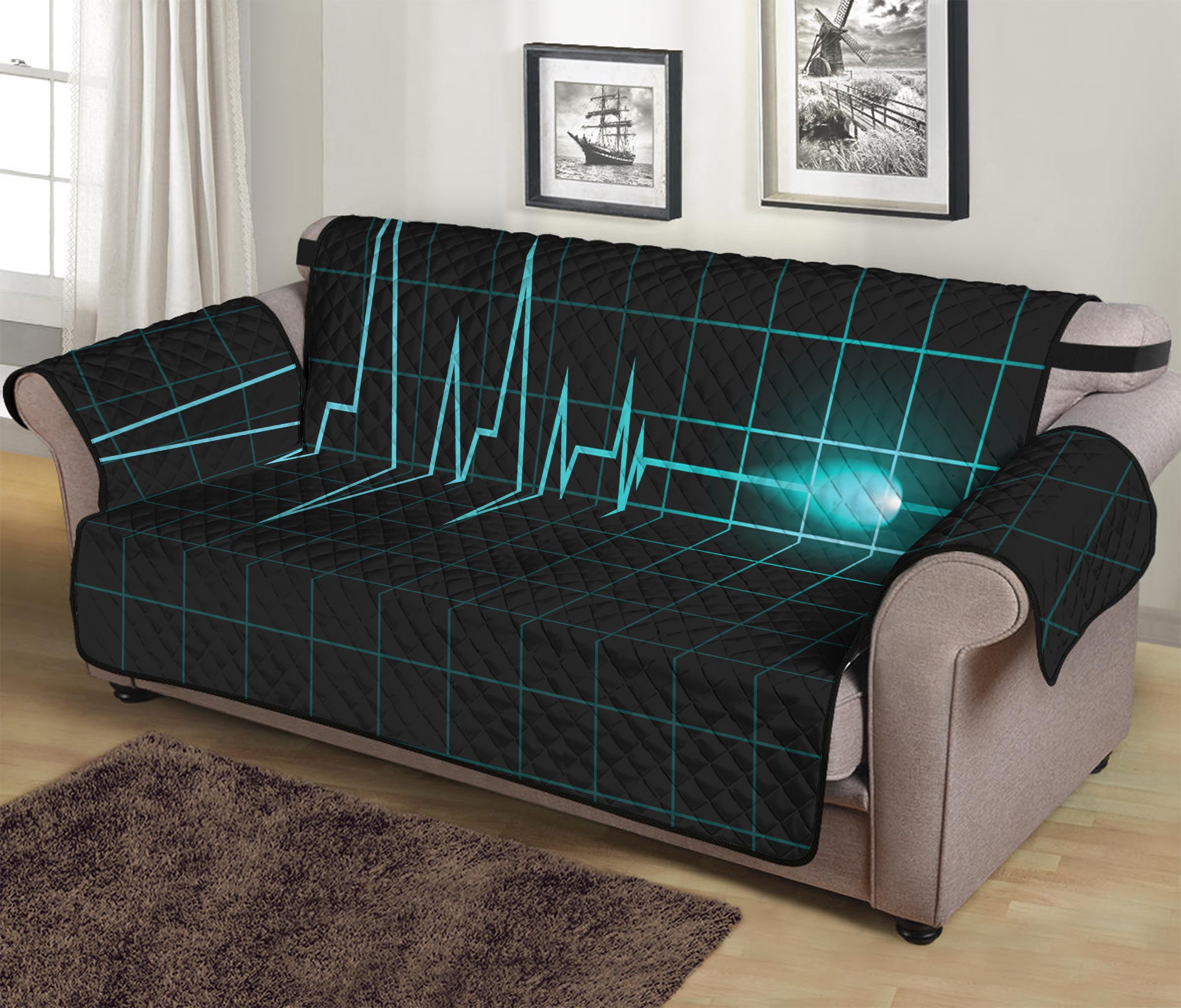 Teal Heartbeat Print Sofa Protector