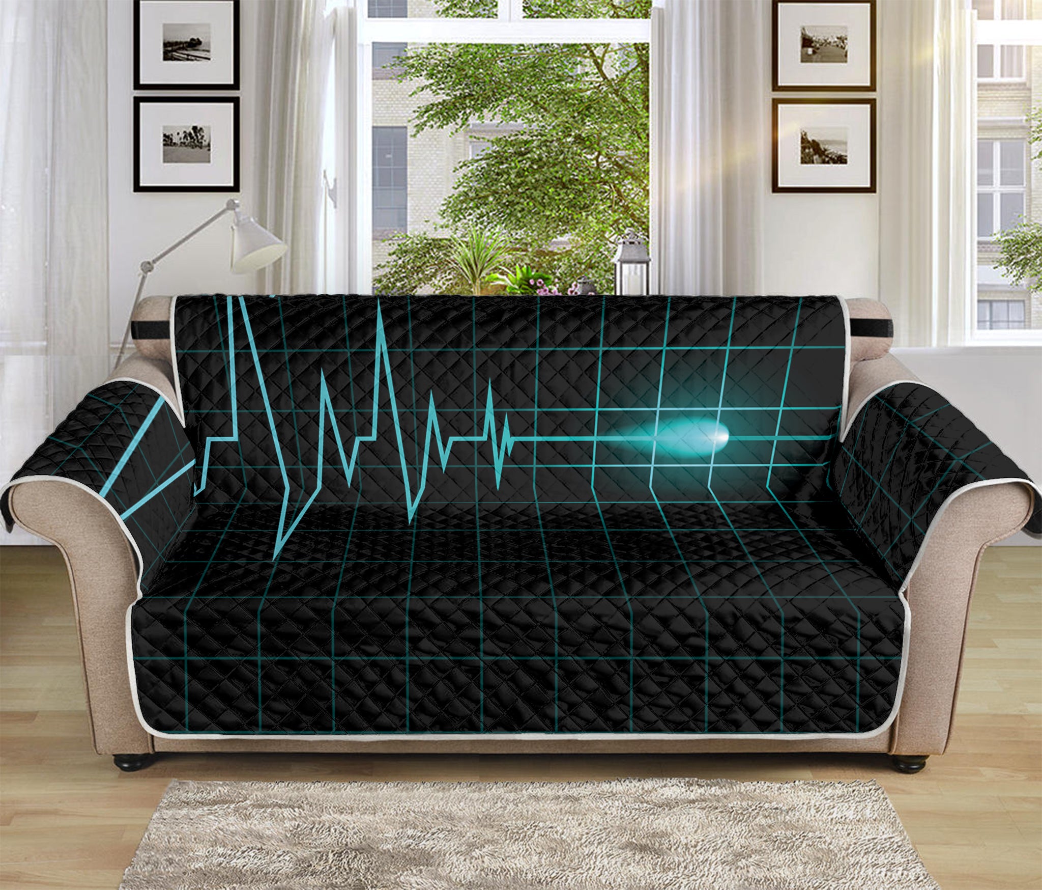 Teal Heartbeat Print Sofa Protector