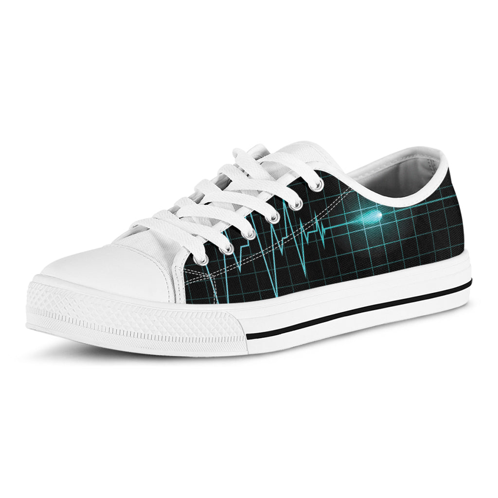 Teal Heartbeat Print White Low Top Shoes
