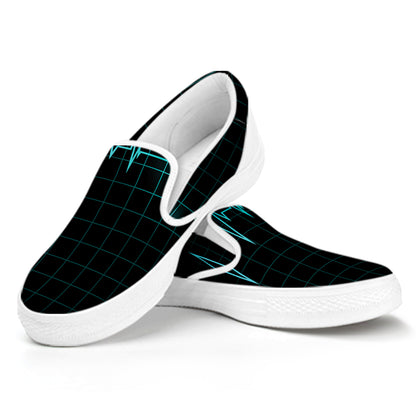 Teal Heartbeat Print White Slip On Shoes