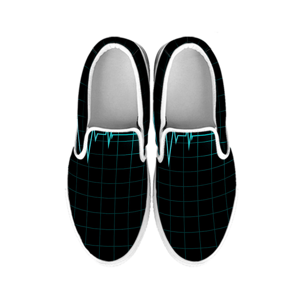 Teal Heartbeat Print White Slip On Shoes
