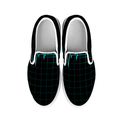 Teal Heartbeat Print White Slip On Shoes