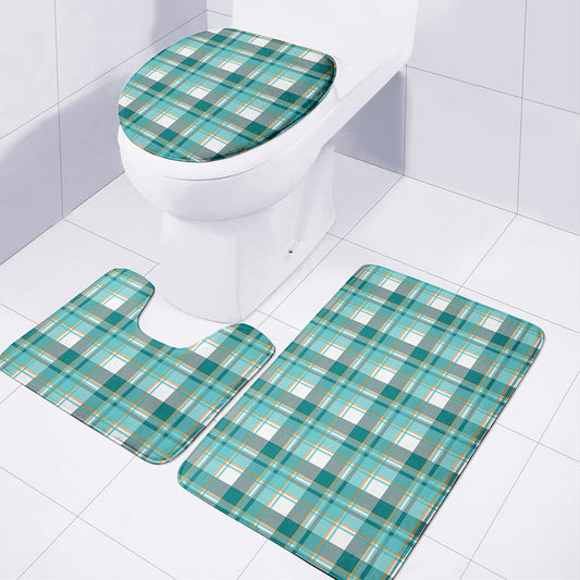 Teal Madras Pattern Print 3 Piece Bath Mat Set