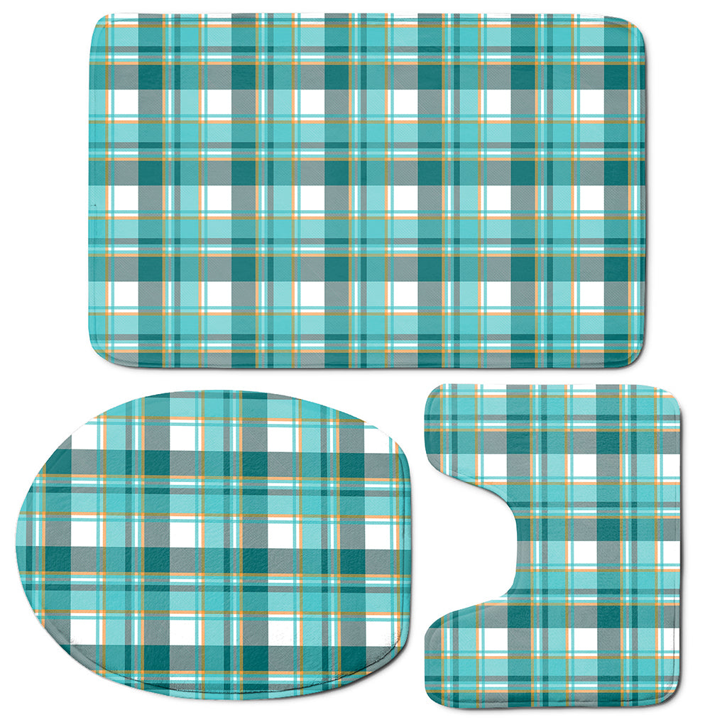 Teal Madras Pattern Print 3 Piece Bath Mat Set