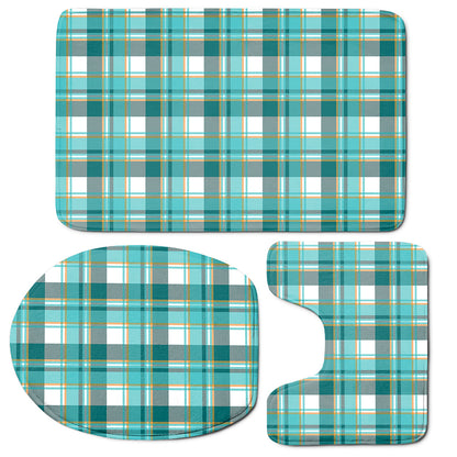 Teal Madras Pattern Print 3 Piece Bath Mat Set