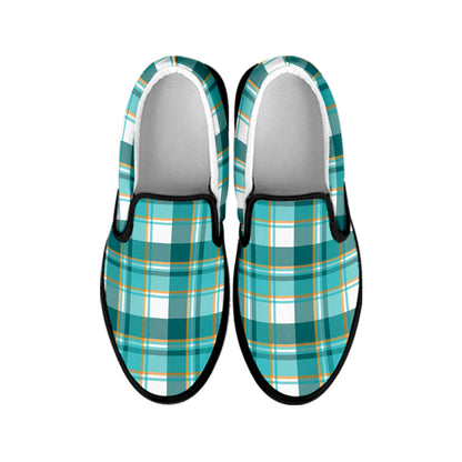 Teal Madras Pattern Print Black Slip On Shoes