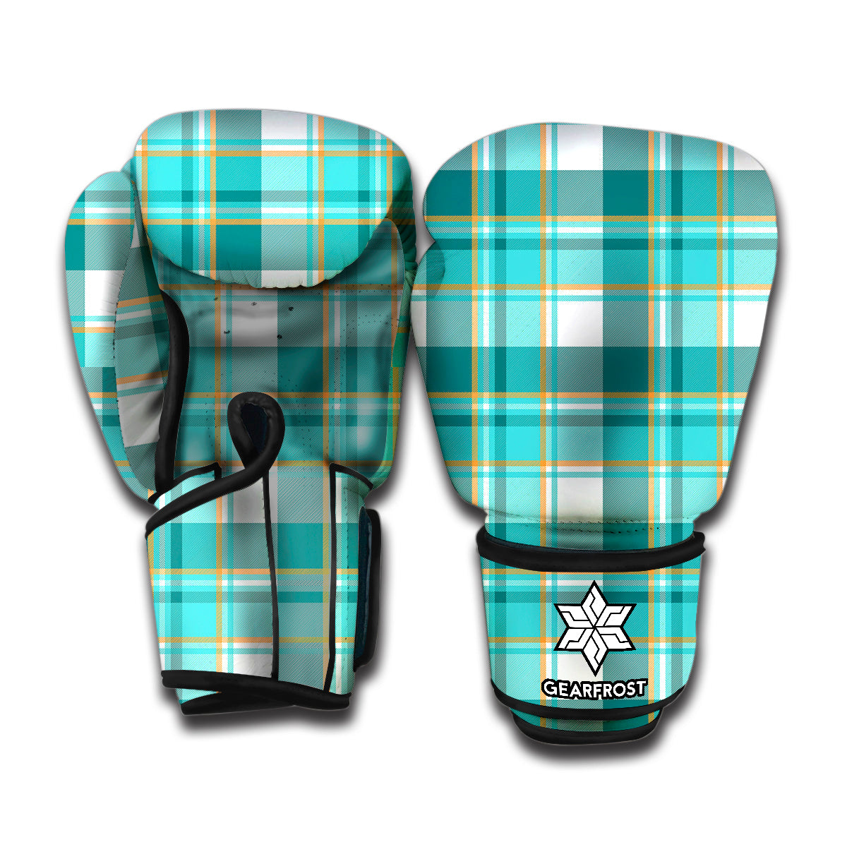 Teal Madras Pattern Print Boxing Gloves