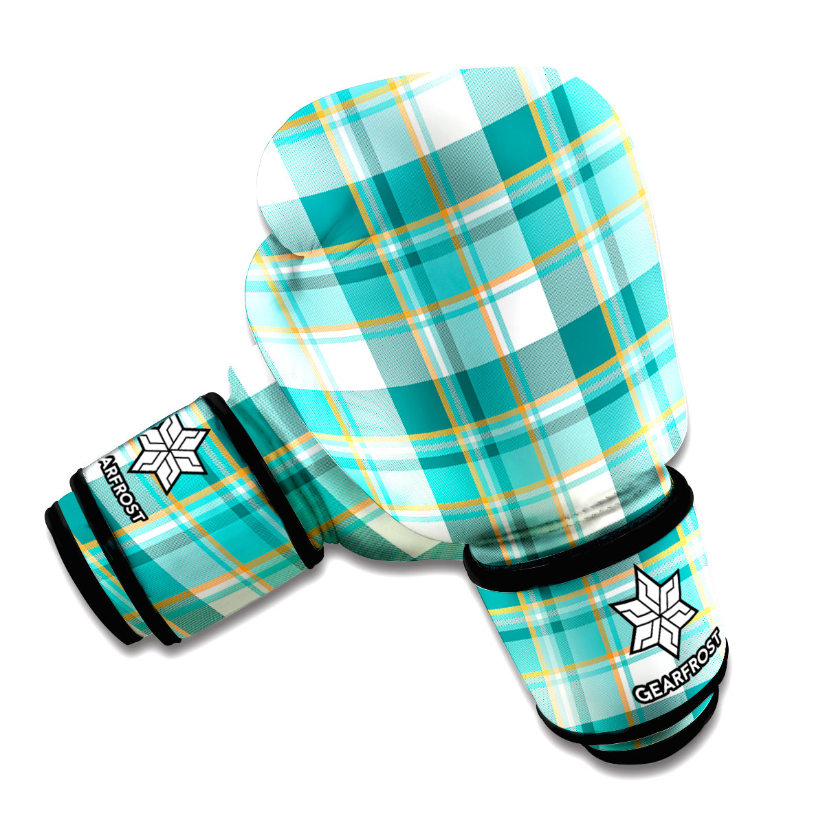 Teal Madras Pattern Print Boxing Gloves