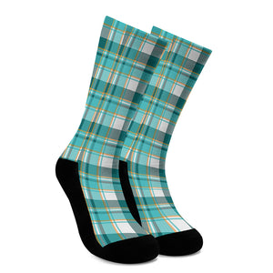 Teal Madras Pattern Print Crew Socks