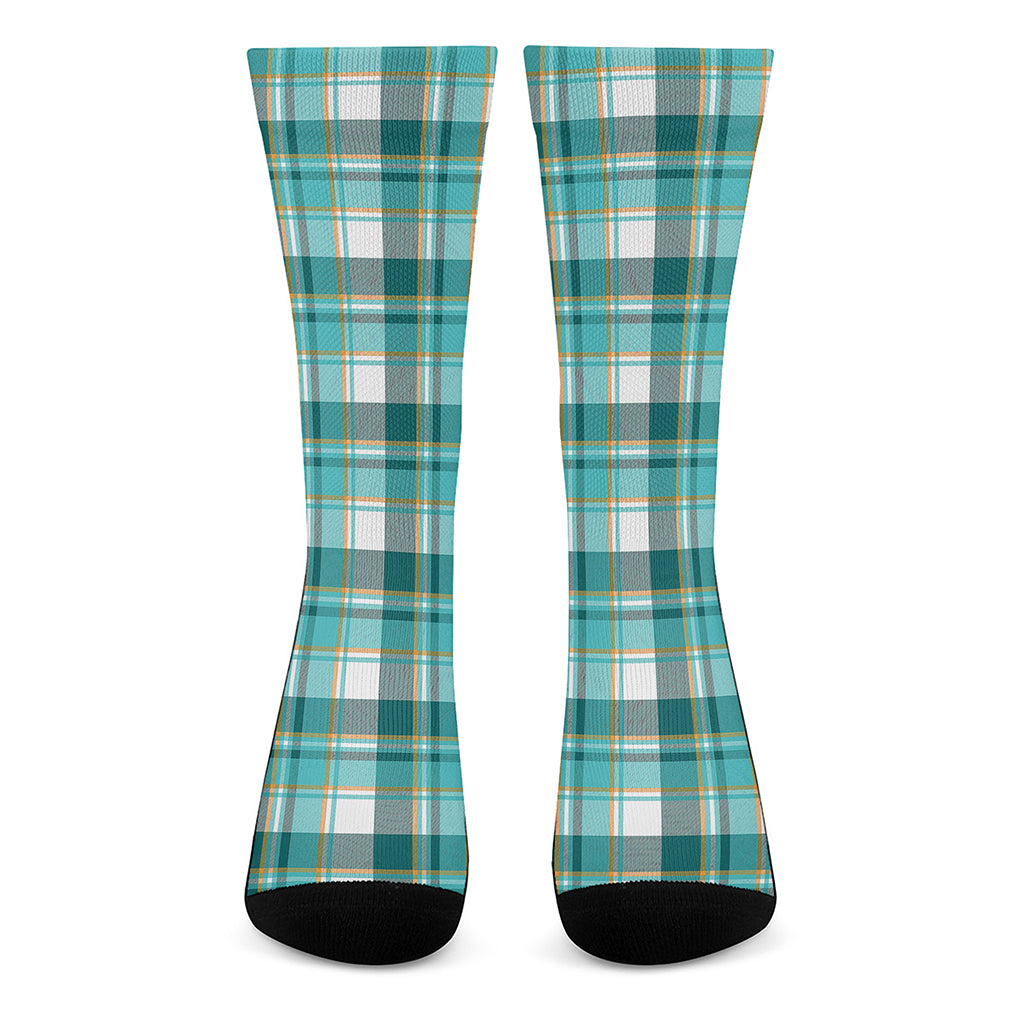 Teal Madras Pattern Print Crew Socks