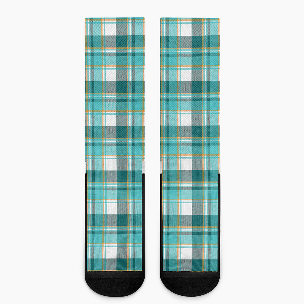 Teal Madras Pattern Print Crew Socks