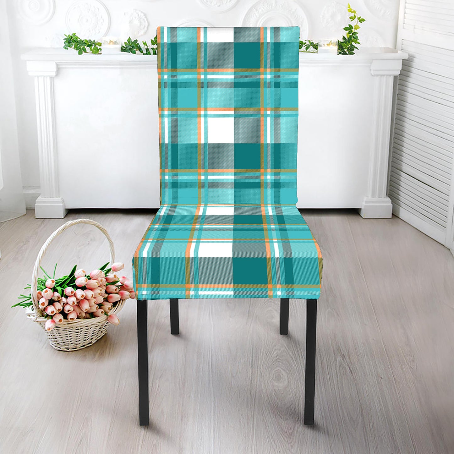 Teal Madras Pattern Print Dining Chair Slipcover