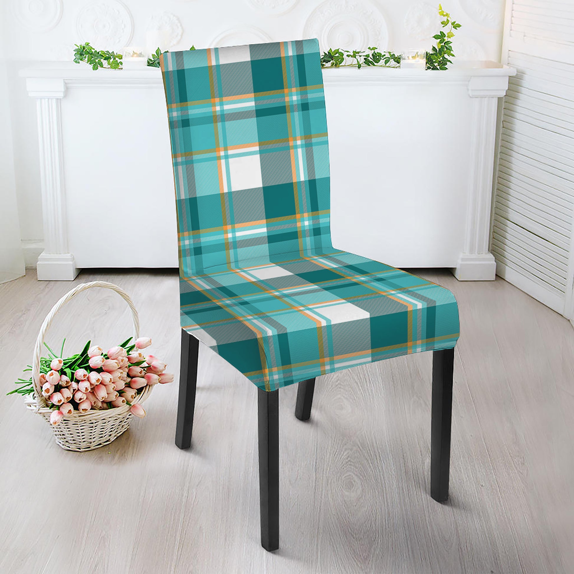 Teal Madras Pattern Print Dining Chair Slipcover