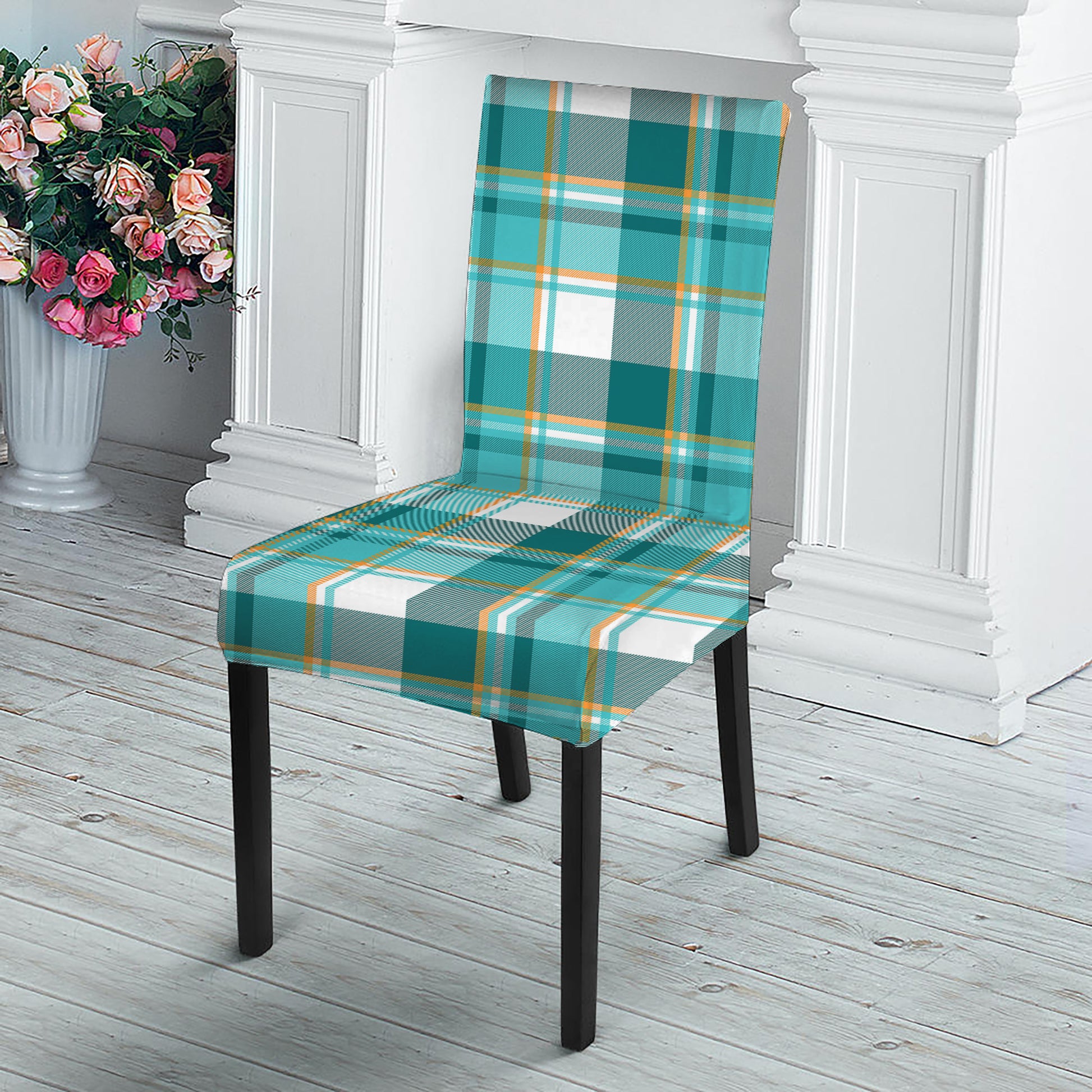 Teal Madras Pattern Print Dining Chair Slipcover