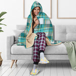 Teal Madras Pattern Print Hooded Blanket