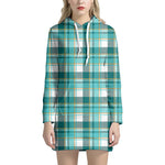 Teal Madras Pattern Print Hoodie Dress