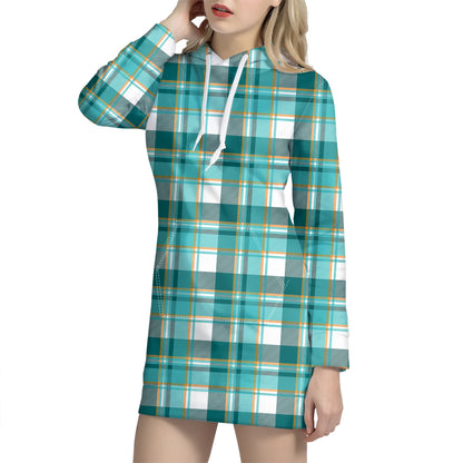 Teal Madras Pattern Print Hoodie Dress