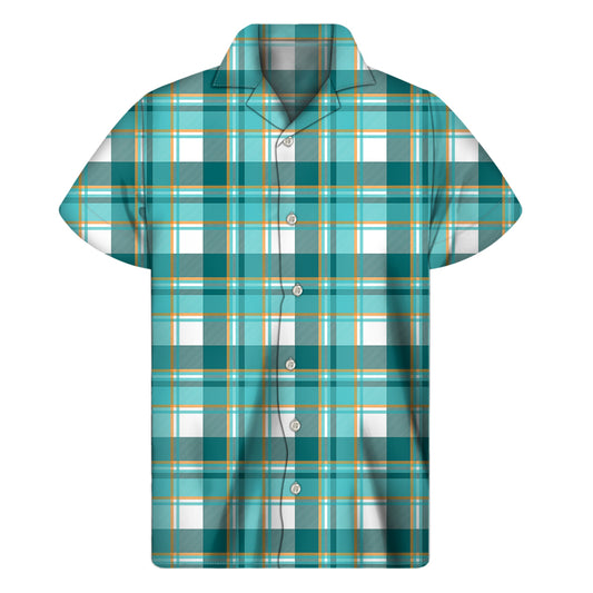 Teal Madras Pattern Print Men's Short Sleeve Shirt