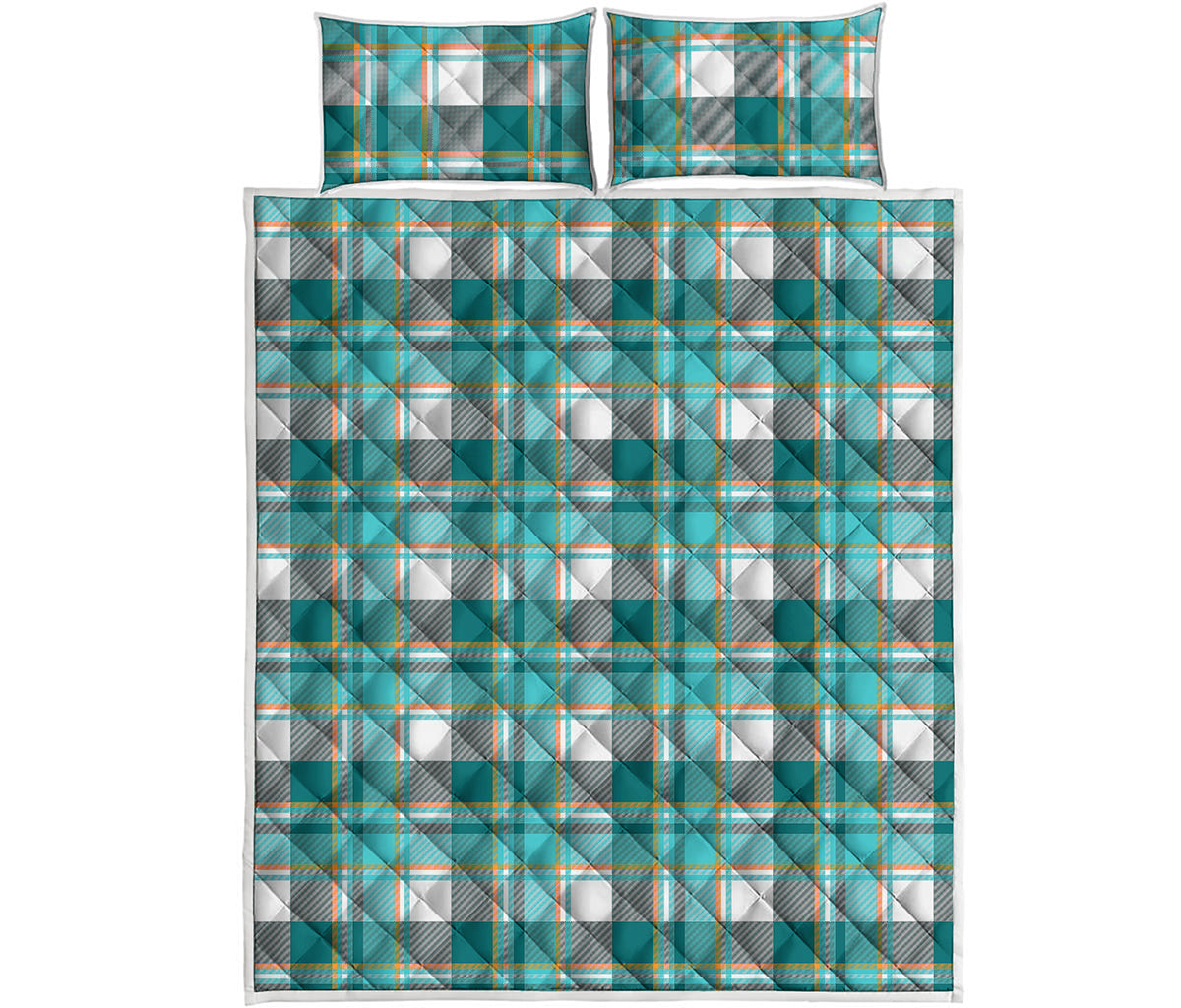Teal Madras Pattern Print Quilt Bed Set